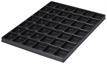 The image shows a black tray with many small compartments. It is rectangular and has a total of 48 square indentations, which are evenly arranged.