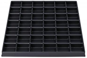 The image shows a black tray with many small compartments in an orderly grid. There are 48 equal-sized, rectangular compartments suitable for storing small objects.