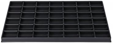 The image shows a black storage unit with 42 small compartments. The compartments are evenly arranged and provide space for small items or documents.