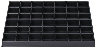 The image shows a black storage tray with 48 small, rectangular compartments, arranged in 6 rows and 8 columns. It has a flat bottom and a straight edge.