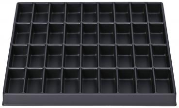 The image displays a rectangular, flat tray with 49 small, evenly arranged compartments. The tray is black and has a smooth surface.