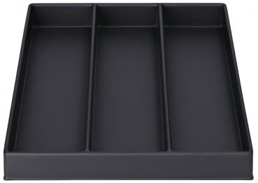 The image shows a flat, rectangular box in black, divided into three equal compartments by two vertical walls. Ideal for organizing items.