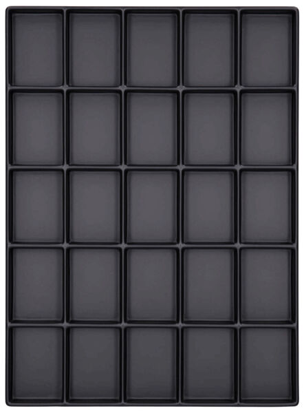 The image displays a rectangular, black tray with 24 evenly arranged indentations, set in a 6x4 grid. The indentations are rectangular and of equal size.