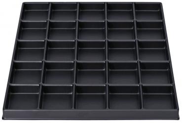 The image shows a black plastic tray with uniform, small compartments in a square layout. It has a total of 36 compartments, all of the same size.