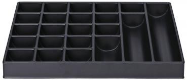 The image shows a black storage tray with multiple compartments. There are 20 equally sized compartments and one elongated compartment on the right side. Ideal for organizing small items.