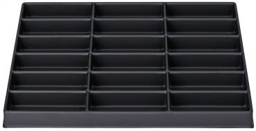 The image shows a black sorting system with 20 equally-sized rectangular compartments. It is flat and has a sturdy edge, ideal for organizing small items.