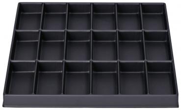 The image shows a black, flat plastic mold with 20 uniform, rectangular indentations, arranged in a grid of 4 rows and 5 columns.