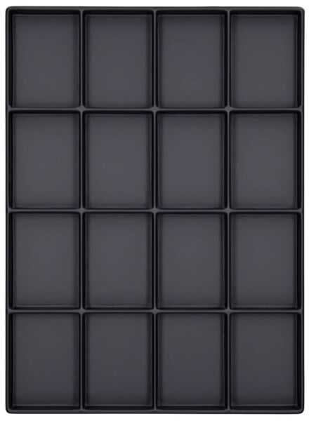 The image displays a flat, rectangular tray with a total of 16 equally-sized, rectangular compartments. The compartments are dark black and evenly arranged.