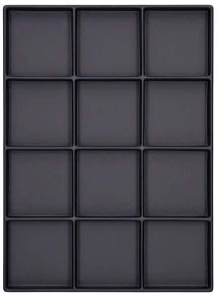 The image displays a rectangular baking tray with 12 equal-sized indentations arranged in 3 rows and 4 columns. The surface is black and smooth.