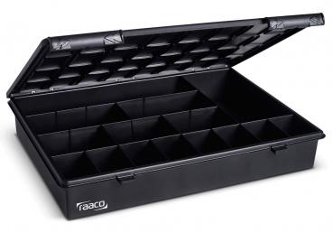 The image shows a black plastic box with a hinged lid. Inside, there are small compartments arranged to organize various items. The box has a simple design.