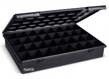 The image shows a black, rectangular box with a hinged lid. The inside is divided into many small compartments, ideal for storing small items.