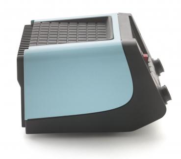 The image displays a modern, rectangular device in two colors: the top is light blue and the bottom is black. The top features a ridged pattern, and there are two ports visible on the side.