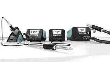 The image shows a soldering station with a soldering tip, two digital control units, and a hot air device. The devices feature large, clear displays for temperature indication.