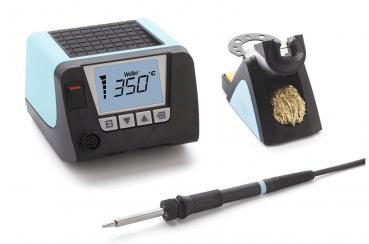 The image displays a soldering system with a heating station in light blue and black. It features a digital display and buttons. Next to the station, there is a soldering iron with a cable and a holder.