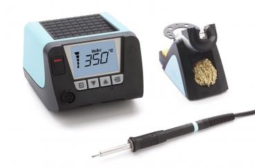 The image displays a soldering iron kit. It includes a digital temperature display with buttons and a soldering iron that is attached to a stand. The dominant colors are black and sky blue.