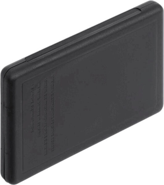 The image shows a black, rectangular object. It has a smooth surface and is flat. On one side, there is a small notch that might be used for a sliding mechanism.