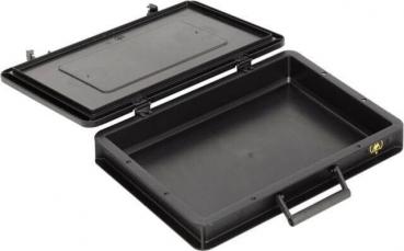 The image shows a rectangular, black plastic box with a removable lid. The box has a handle on one side and is empty inside. It appears sturdy and functional.