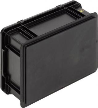 The image displays a rectangular, black plastic container with a smooth, matte surface. It has a simple, functional shape and appears to be sturdy.