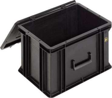 It is a black, rectangular plastic box with a removable lid. The box has side handles and is sturdily built, ideal for storing items.