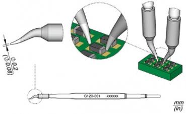 The image displays a technical illustration of soldering tips targeting a circuit board. Details of the tips and the PCB are highlighted. Dimensions are provided.