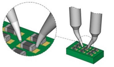 The image shows a circuit board with several components. Two fine soldering nozzles are aimed at the components to connect them. An enlarged view shows details of the solder joint.