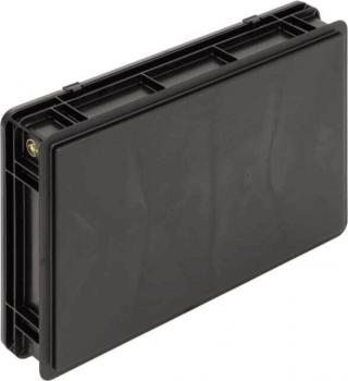 The image shows a rectangular, black plastic casing with straight edges. It has a smooth surface and several small openings on top for screws or ventilation.