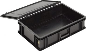 The image shows a black plastic box with a movable lid. The box has a rectangular shape and a handle on the side for easy carrying.