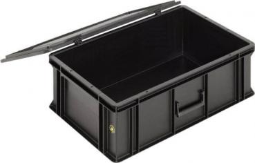 The image shows a black, rectangular plastic storage box. It has a lid that is slightly open and a handle on the side for easy carrying.