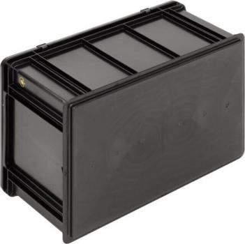 The image shows a rectangular, black plastic box with a flat lid. The top has horizontal grooves and the body is sturdy. The corners are slightly rounded.