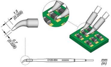 The image shows a technical drawing of a hand tool with a curved end for manipulating electronic components on a green circuit board. Dimensions are provided.