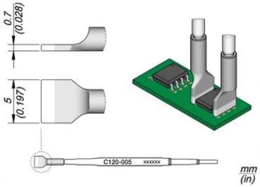 The image displays technical drawings of a component on a circuit board. It includes various views of the component, along with dimensions in millimeters.