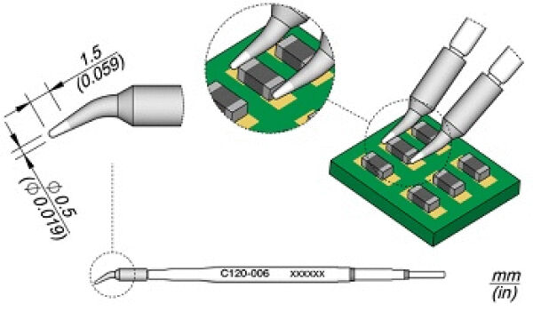 The image displays a technical drawing of a soldering iron with a special tip. Additionally, details of a circuit board with electronic components are shown. Dimensions and labels are also visible.