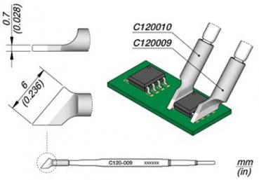 The image displays technical drawings of two components on a circuit board. Next to the board, dimensions and reference numbers of the components are depicted.