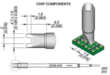 Das Bild zeigt technische Zeichnungen von Chipkomponenten. Es gibt eine seitliche Ansicht eines Bauteils, das in eine Leiterplatte eingefügt ist, sowie Maße in Millimetern.