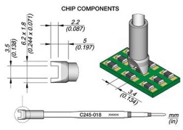 Das Bild zeigt eine technische Zeichnung von Chip-Komponenten auf einer Leiterplatte. Es sind Maße und eine Darstellung eines Anschlusses dargestellt, inklusive Detailansichten der Komponenten.