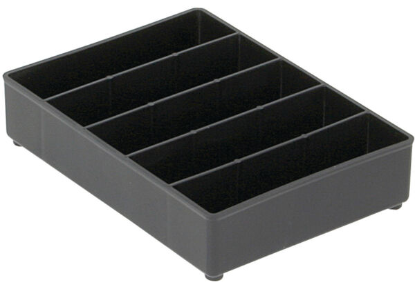 The image shows a dark, rectangular box with six vertical compartments. The compartments are evenly distributed and are used for storing utensils or small items.