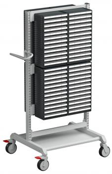 The image shows a rolling shelf cart with several drawers in black. The cart has a sturdy construction, a pull-out side, and is on casters for easy mobility.