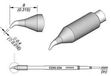 The image displays a technical drawing of a pen. The tip is shown at the top in various views. Dimensions and details are provided in millimeters.