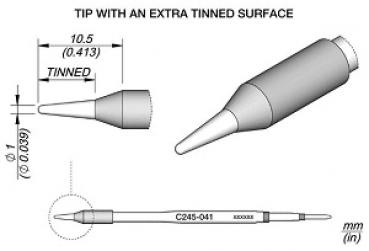 The image shows a technical drawing of a sharp tip with an additional tinned area. It is slender and has a rounded base. Dimensions are also provided.