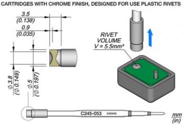 The image displays technical drawings of cartridges with a chrome-plated surface, designed for plastic rivets. It includes dimensions and a representation of the rivet volume.