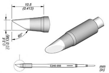 Das Bild zeigt eine technische Zeichnung eines spitzen Gegenstands mit einem Durchmesser von 3,5 mm, einer Länge von 10,5 mm und einem 60-Grad-Winkel an der Spitze.