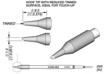 The image shows a technical drawing of a specialized tool with a pointed tip. It features a thin, nickel-plated area and specifications for diameter and length.