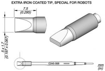 The image shows a technical drawing of a special iron-coated tip for robots. The tip has a wedge-shaped edge and is shown in two views: side and top.