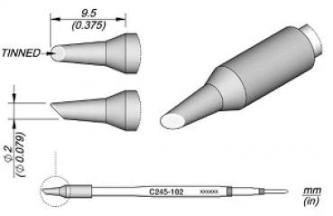 Das Bild zeigt technische Zeichnungen eines speziellen Stifts mit unterschiedlichen Spitzenformen. Die Abmessungen sind in Millimetern angegeben, betont durch Maßlinien.