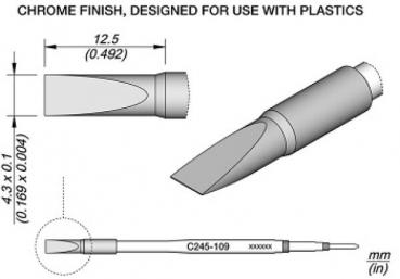 The image displays a technical drawing of a tool with a conical, chrome-plated head, suitable for processing plastics. Dimensions are provided.