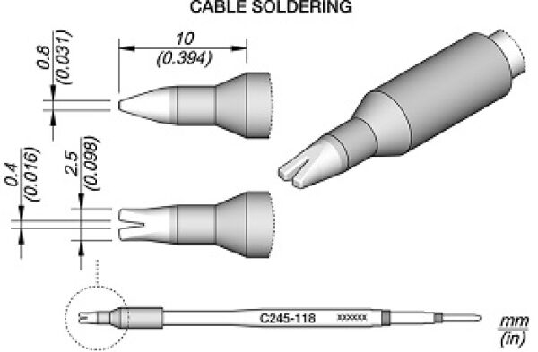 Das Bild zeigt eine technische Zeichnung eines Kabellötwerkzeugs. Es umfasst verschiedene Ansichten und Maße der Spitze, die für das Löten von Kabeln verwendet wird.