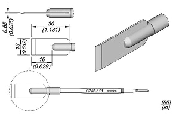 Das Bild zeigt technische Zeichnungen eines kleinen Werkzeugs, vermutlich einer Nadel oder einer Sonde. Es enthält Maße und Ansichten aus verschiedenen Perspektiven.