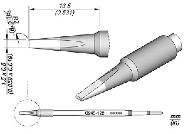 The image shows a technical drawing of an object that looks like a sharp nozzle. It has a cylindrical body with a narrow end and is dimensioned. Various views are depicted.