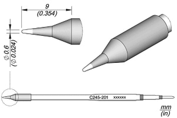 The image shows a technical drawing of a pen. It has a pointed tip and a cylindrical casing. Dimensions in millimeters are indicated on the longitudinal side.