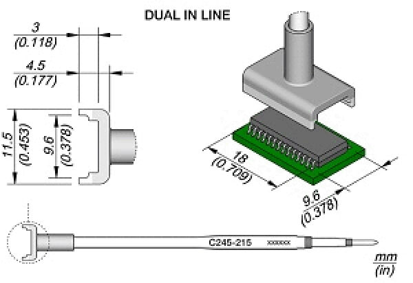 The image displays a technical drawing of a component with dimensions. It consists of a rectangular base with a long, narrow connector that is mounted on a circuit board.